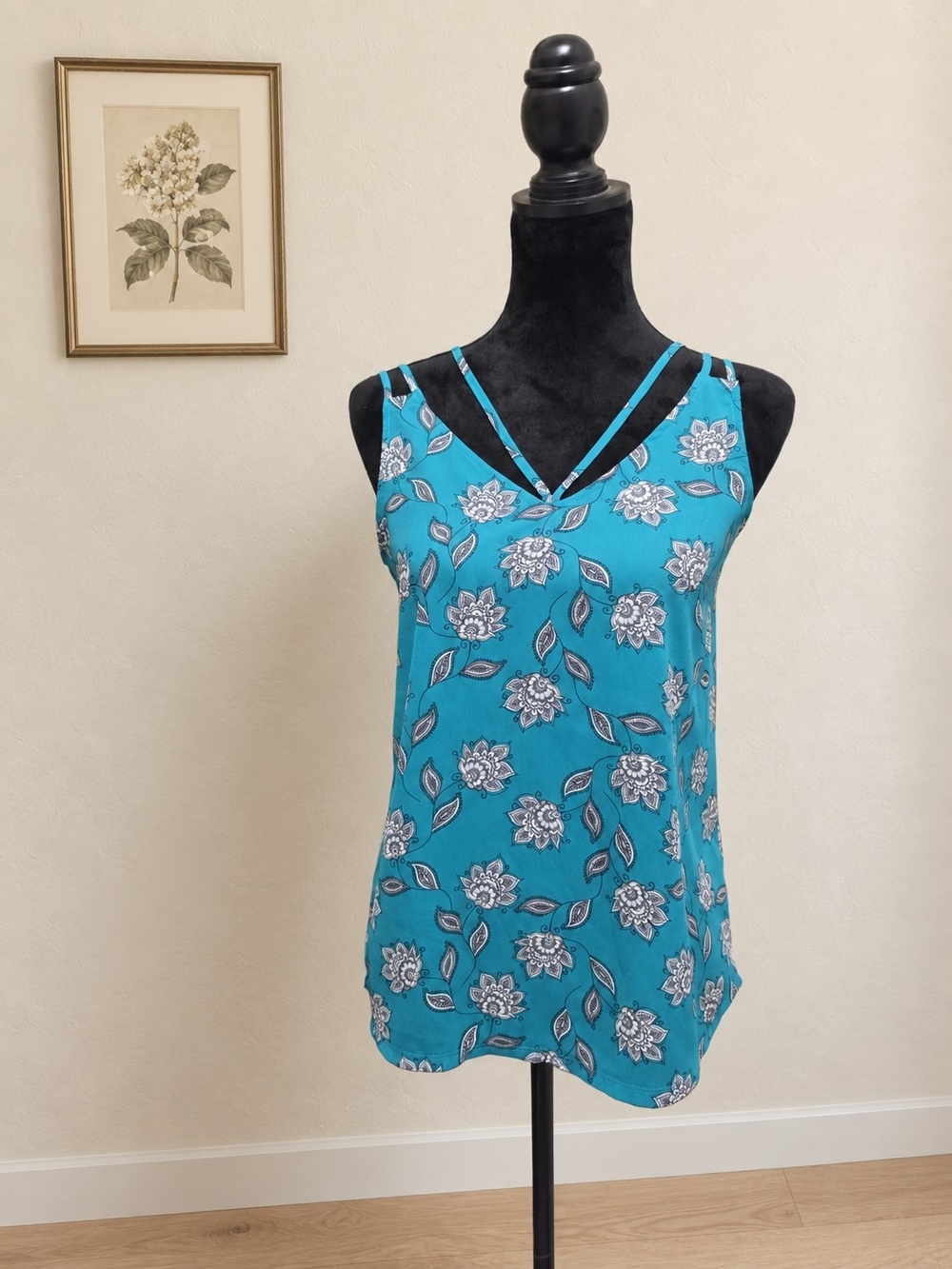 Maurices Women’s Teal Floral V-Neck Tank Top with Strappy Detail